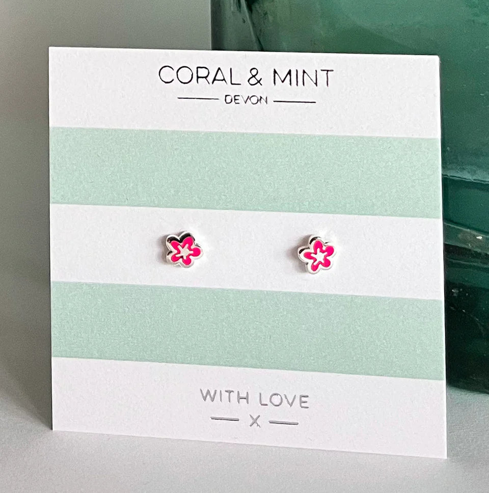 Pink Flower Stud Earrings (Silver Plated) - Coral & Mint from thetraditionalgiftshop.com